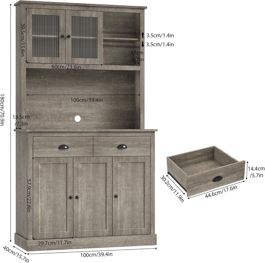 GarveeHome Pantry Cabinet with Drawers and Adjustable Shelves, 71' Tall Freestanding Kitchen Cabinet with Microwave Stand, Kitchen Hutch for Dining Room, Rustic Grey