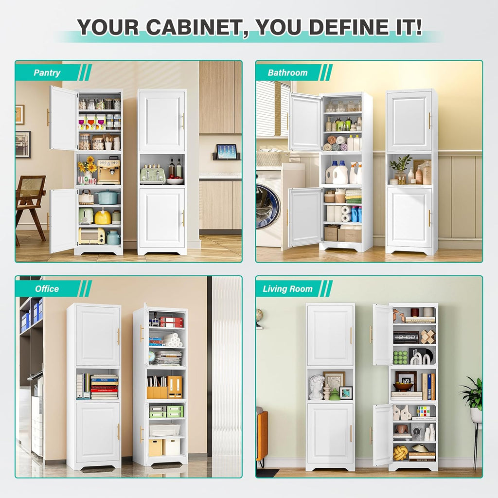 SISESOL 67' Tall Narrow Storage Cabinet with 2 Door and 7 Shelves,Slim Kitchen Pantry Cabinet,White Metal Bathroom Cabinets,Large Cupboard for Home,Kitchen,Laundry,Bathroom
