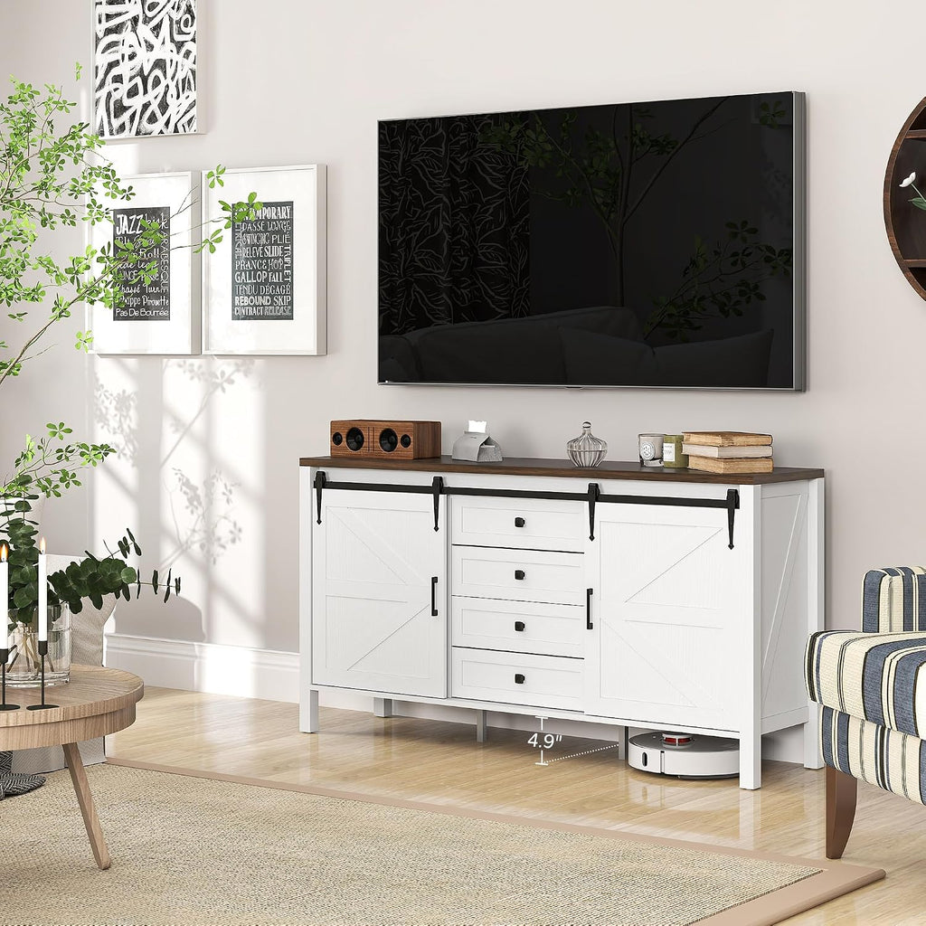 HOMCOM 59 Inch Farmhouse Sideboard Buffet Cabinet with Thick Top, Coffee Bar Cabinet with 2 Sliding Barn Doors, 4 Drawers and 2 Adjustable Shelves for Kitchen, Distressed White