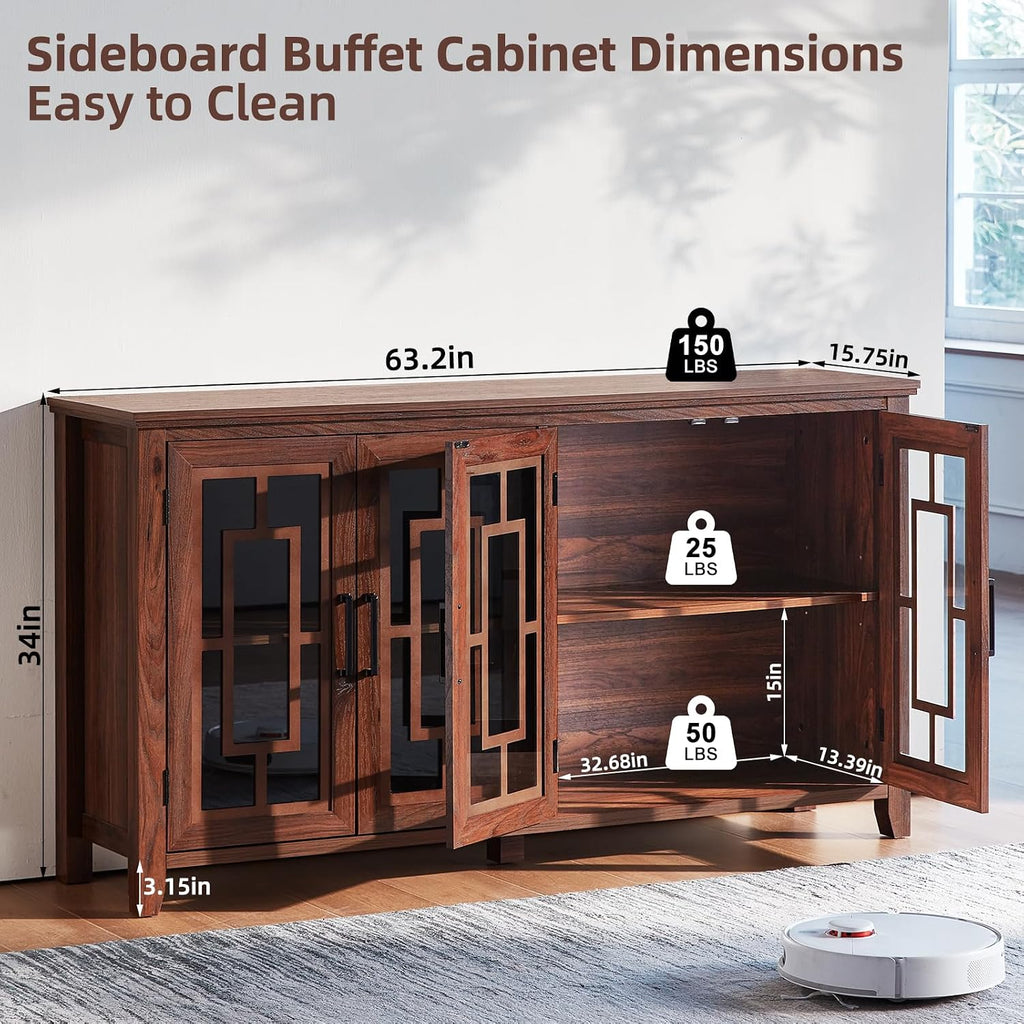 Joaxswe Large Sideboard Buffet Cabinet with Storage, 63' Farmhouse Credenza with 4 Glass Doors, Adjustable Shelves Console Table, Wood Kitchen Coffee Bar for Dining Room, Living Room, Brown