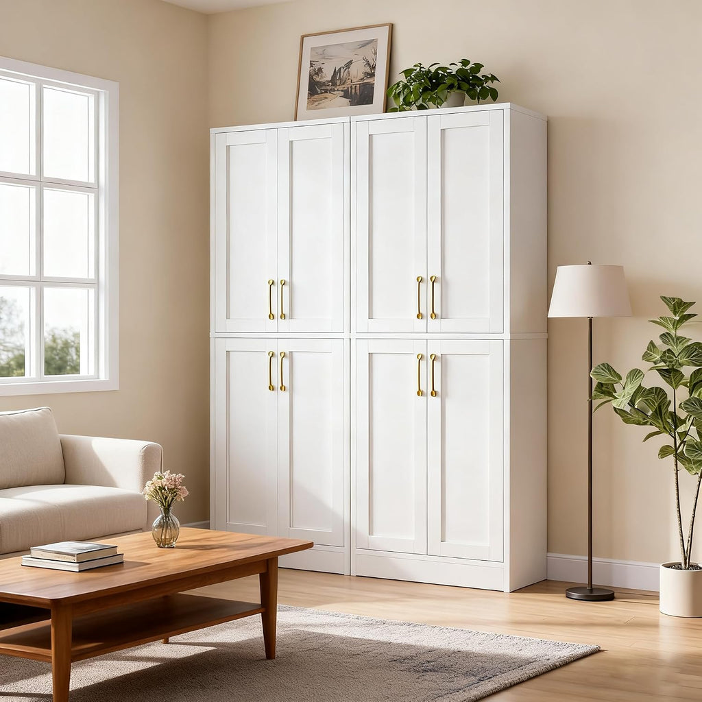 Pantry - Kitchen Pantry Cabinet with 4 Doors and Adjustable Shelves, Tall Black Cabinet Freestanding Storage Cupboard for Dining Room Living Room, Laundry, Bathroom (White)