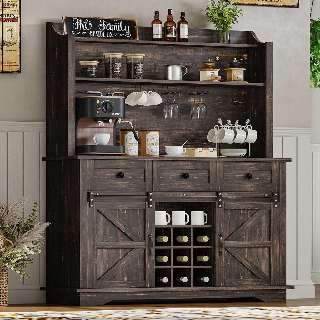 REVOMINCA 63 Inch Tall Coffee Bar Cabinet with 3-Tier, Kitchen Hutch with 3 Large Drawers, Farmhouse Coffee Bar with 9 Wine Racks & 3 Glass Holders, Wine Storage Cabinet for Living Dining Room, Oak