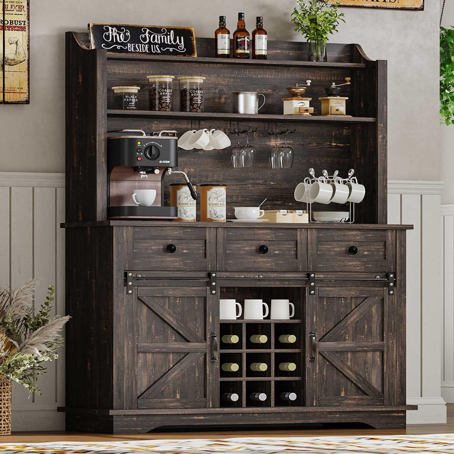REVOMINCA 63 Inch Tall Coffee Bar Cabinet with 3-Tier, Kitchen Hutch with 3 Large Drawers, Farmhouse Coffee Bar with 9 Wine Racks & 3 Glass Holders, Wine Storage Cabinet for Living Dining Room, Oak