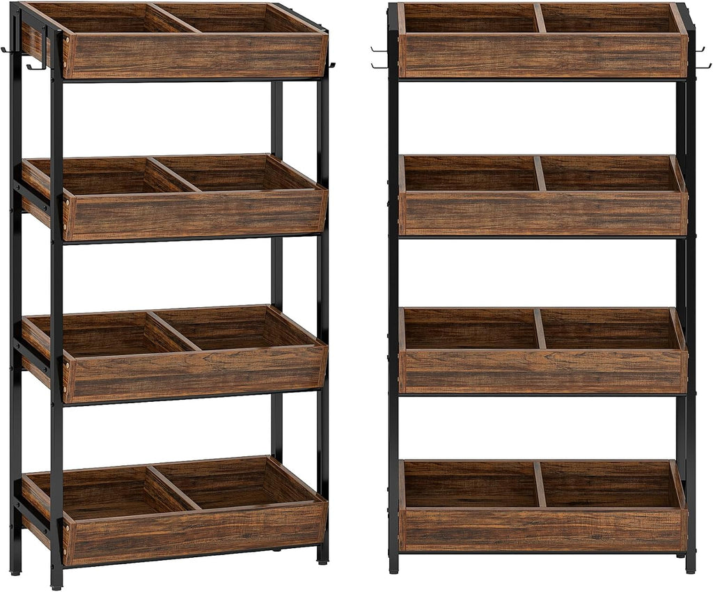 Tribesigns Wood Fruit and Vegetable Basket Stand Rack for Kitchen, Office, Store, Supremarket, Pantry Shelf Unit for Snacks, 4-Tier Wooden Utility Storage Shelves Set of 2 (Brown+Black)