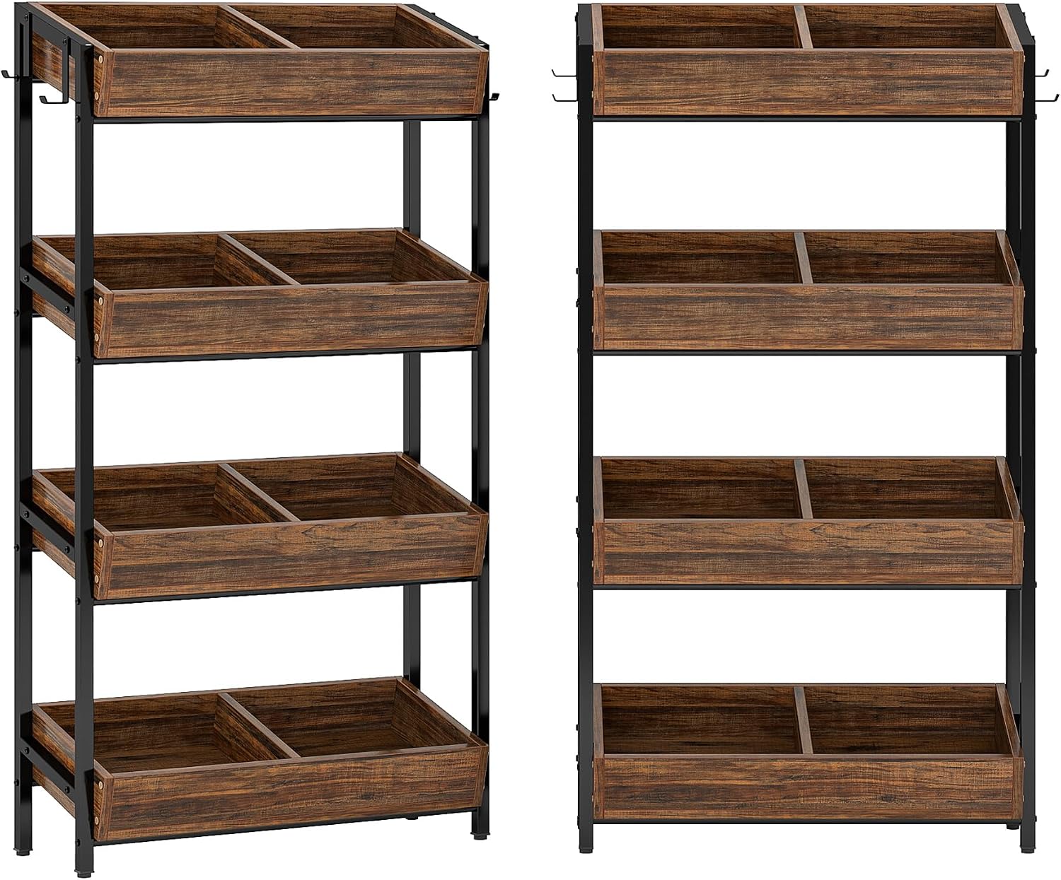 Tribesigns Wood Fruit and Vegetable Basket Stand Rack for Kitchen, Office, Store, Supremarket, Pantry Shelf Unit for Snacks, 4-Tier Wooden Utility Storage Shelves Set of 2 (Brown+Black)