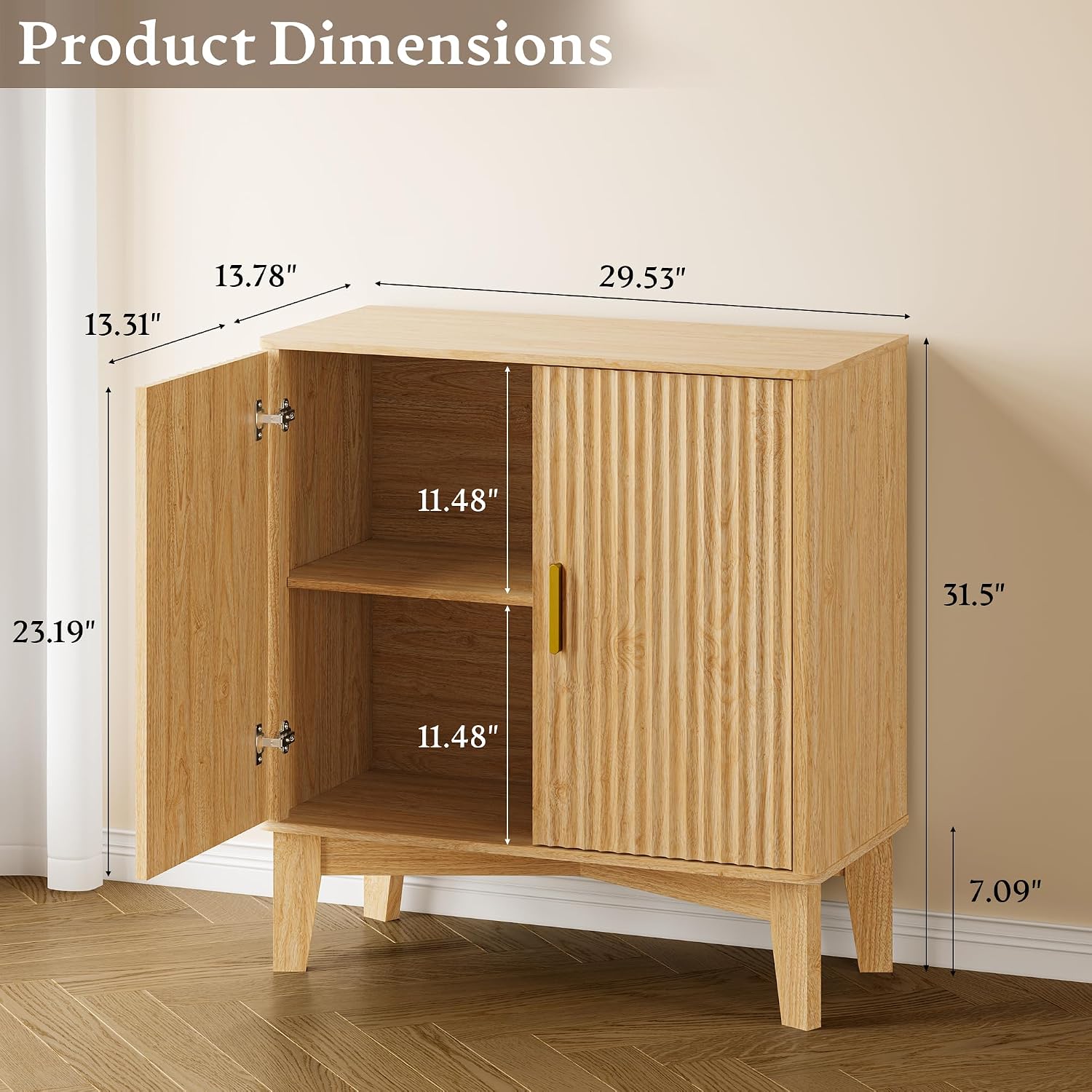 BORNOON Storage Cabinet with Doors and Adjustable Shelf, Modern Fluted Sideboard Buffet Cabinet, Freestanding Coffee Bar for Kitchen, Pantry, Entryway, Living Room (Natural Oak)