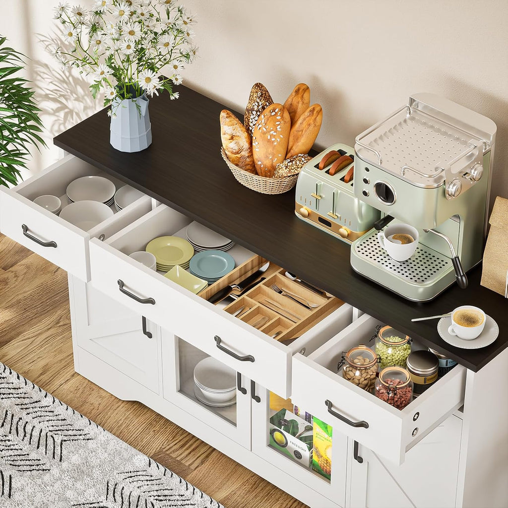 Likein Sideboard Buffet Cabinet with Storage, 55' Kitchen Coffee Bar Cabinet with 3 Drawers & Glass Doors, Farmhouse Sideboard Buffet Table with Adjustable Shelves for Living Room, Dining Room, White
