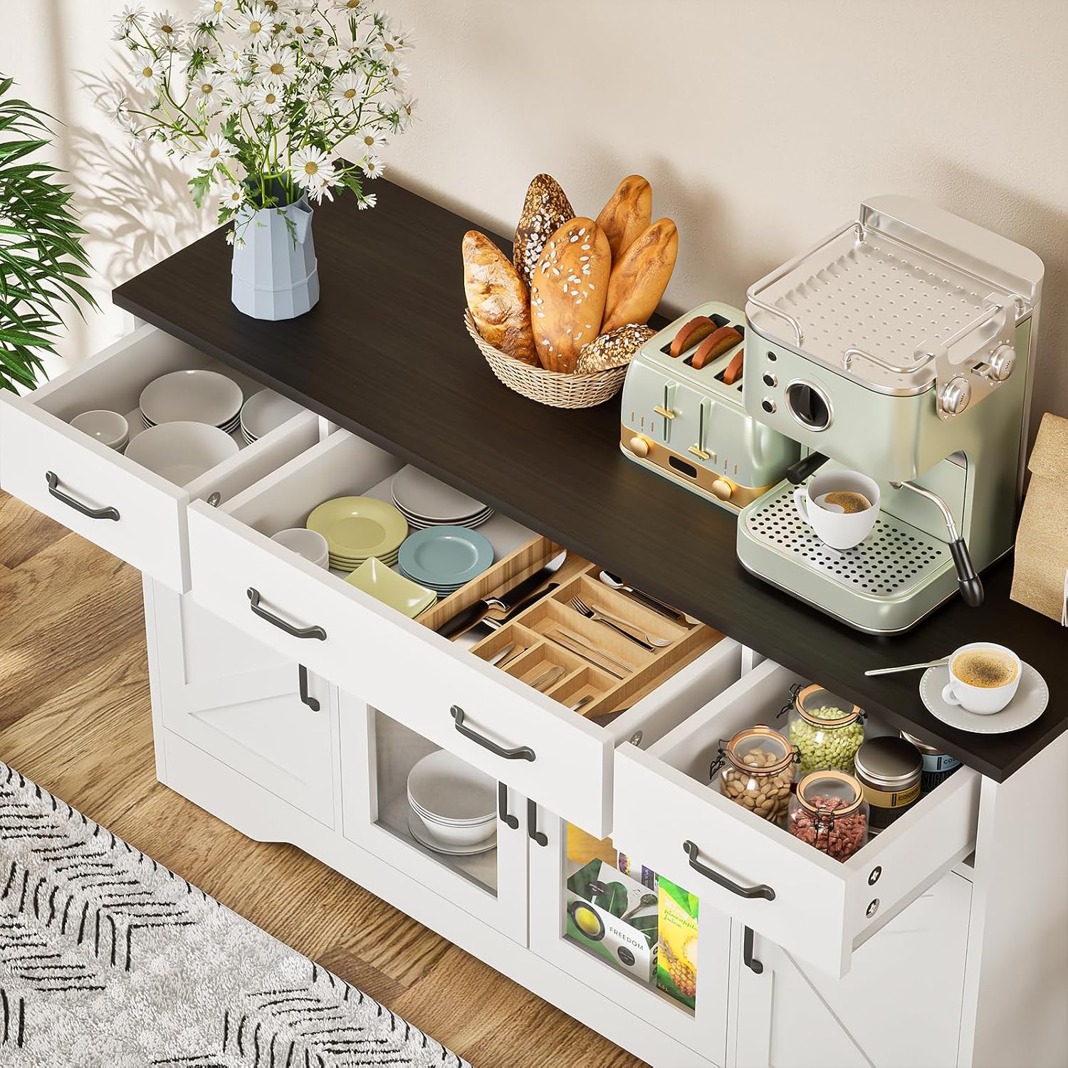 Likein Sideboard Buffet Cabinet with Storage, 55' Kitchen Coffee Bar Cabinet with 3 Drawers & Glass Doors, Farmhouse Sideboard Buffet Table with Adjustable Shelves for Living Room, Dining Room, White