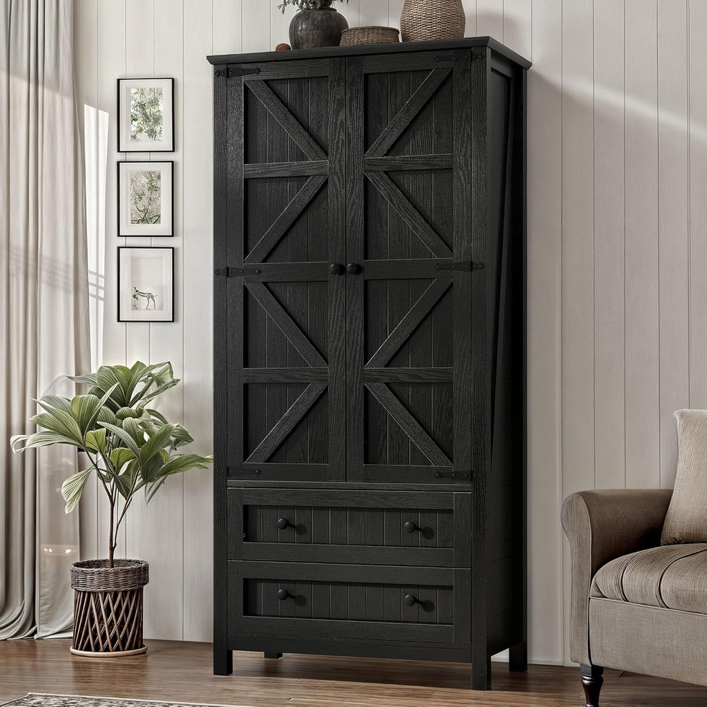 DWVO Farmhouse Kitchen Pantry Cabinet, 64.5' Tall Storage Cabinet with 2 Drawers and Adjustable Shelves, Versatile Storage for Living Room, Dining Room or Hallway, Oak Black