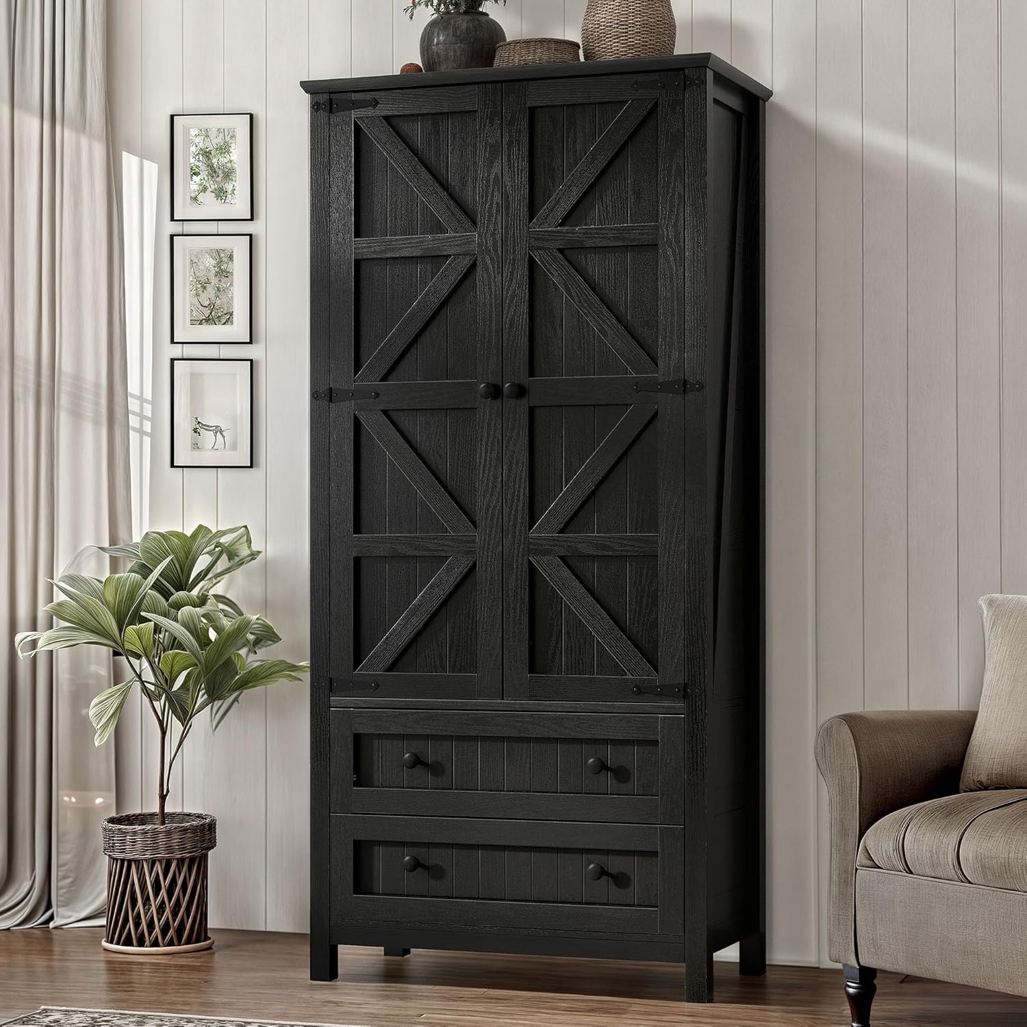 DWVO Farmhouse Kitchen Pantry Cabinet, 64.5' Tall Storage Cabinet with 2 Drawers and Adjustable Shelves, Versatile Storage for Living Room, Dining Room or Hallway, Oak Black