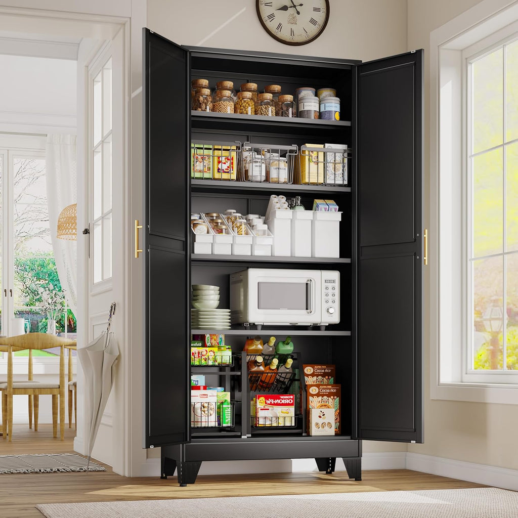 GAIOUS 71' Tall Metal Storage Cabinet with 2 Doors and 4 Adjustable Shelves, Kitchen Pantry Cabinet Black Freestanding Cupboard, 5 Tier Multifunctional Steel Storage for Office, Kitchen, Dining Room