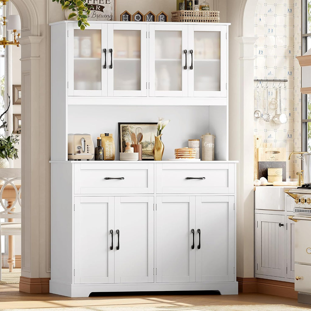 BOTLOG Pantry Storage Cabinet with Microwave Stand, 71' Tall Kitchen Hutch, Large White Pantry Cabinet with Glass Doors for Dining Room