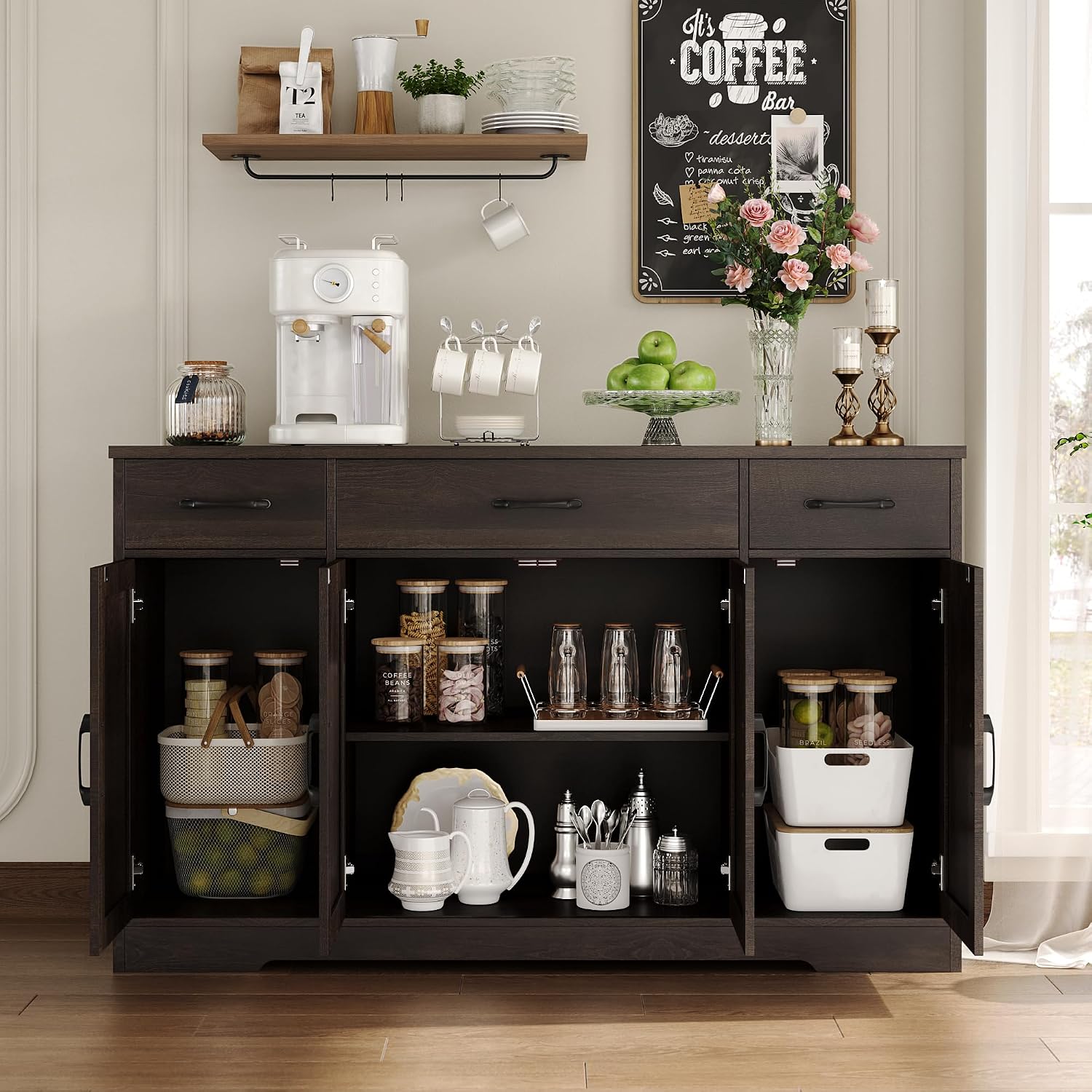 HOSTACK Buffet Cabinet with Drawers, 55' Large Sideboard Buffet Storage Cabinet with Shelves and Doors, Modern Farmhouse Coffee Bar Station Wood Kitchen Table for Kitchen, Dining Room, Dark Brown