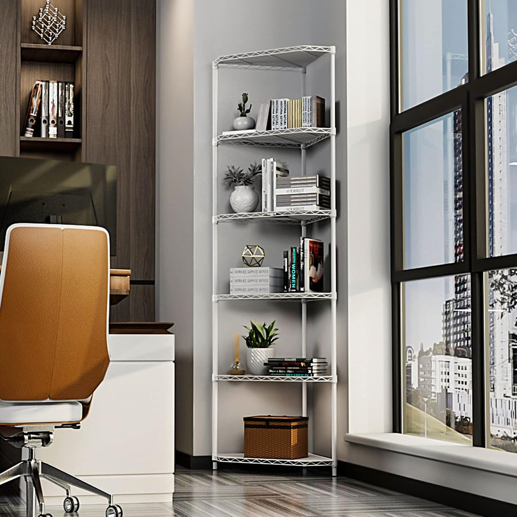 600lbs 6 Tier Corner Shelf NSF Metal Wire Shelving Unit, Adjustable, with Leveling Feet and Waterproof Shelf Liners for Garage, Kitchen, and More - 20' L x 20' D x 72' H, White Pentagonal-Shape