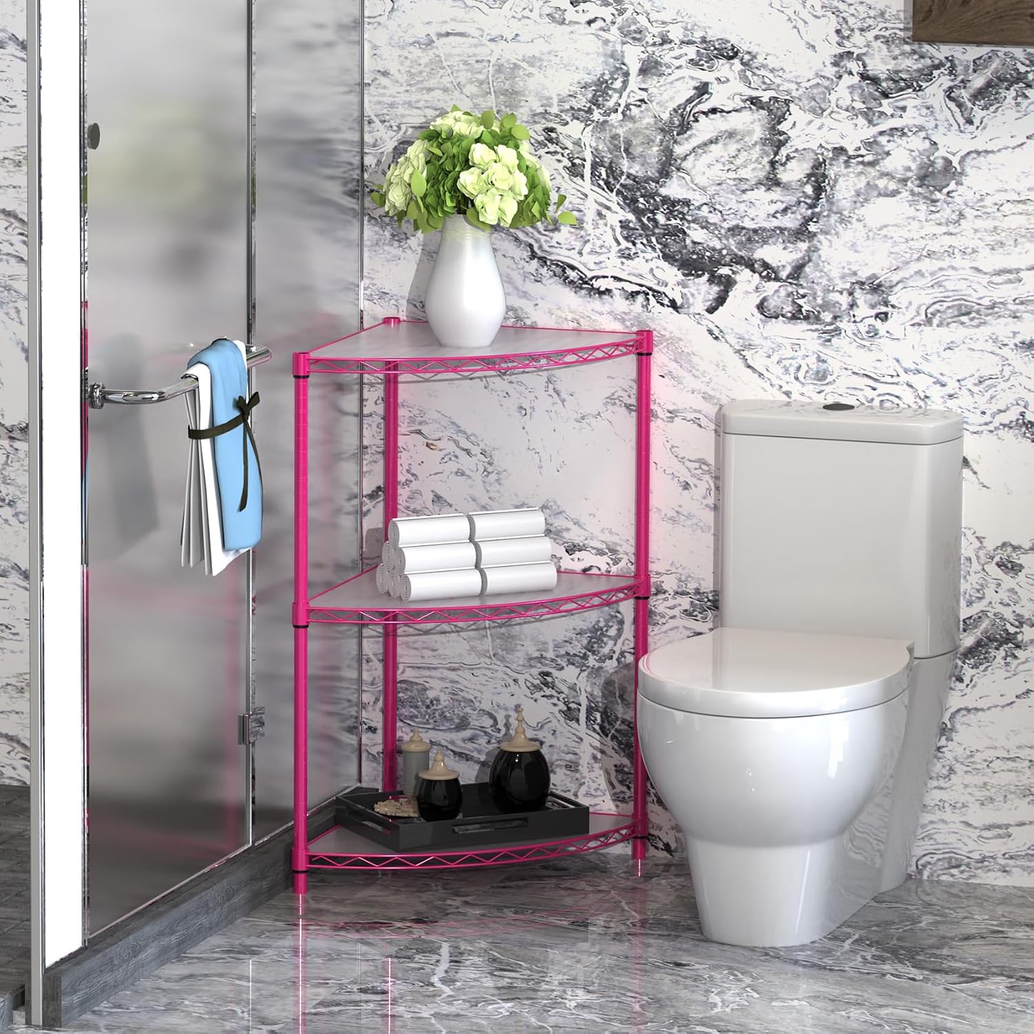 6 Tier NSF Corner Wire Shelf Shelving Unit, 18 x 18 x 72 Inch 420lbs Capacity Heavy Duty Adjustable Metal Storage Rack with Leveling Feet & Shelf Liners for Office Kitchen Bathroom and More - Pink