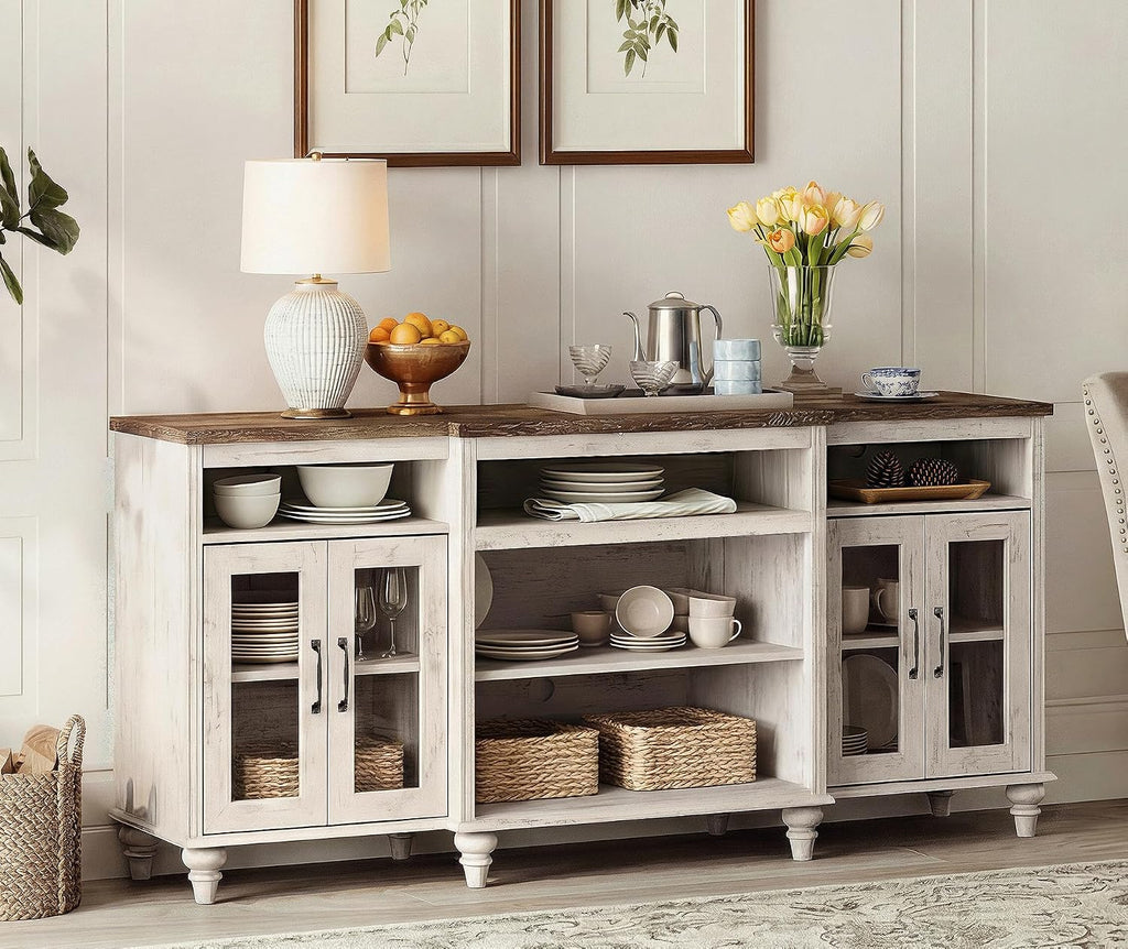 WAMAPT Buffet Cabinet with 4 Glass Doors, Large Coffee Bar Tables Wood Kitchen Storage Cabinets with 9 Storages, Modern Farmhouse Sideboard Credenza, Rustic White, 70 inch