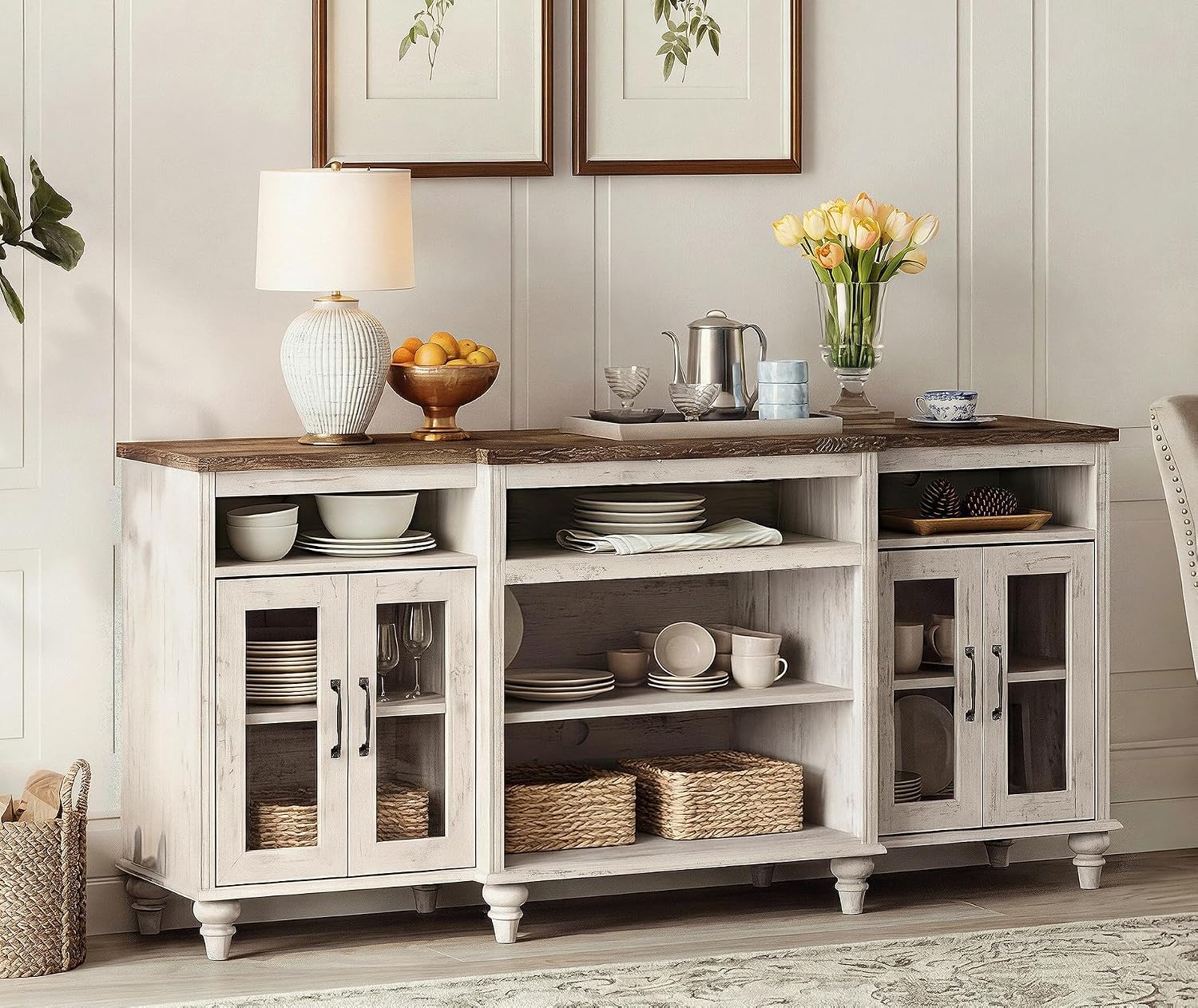 WAMAPT Buffet Cabinet with 4 Glass Doors, Large Coffee Bar Tables Wood Kitchen Storage Cabinets with 9 Storages, Modern Farmhouse Sideboard Credenza, Rustic White, 70 inch