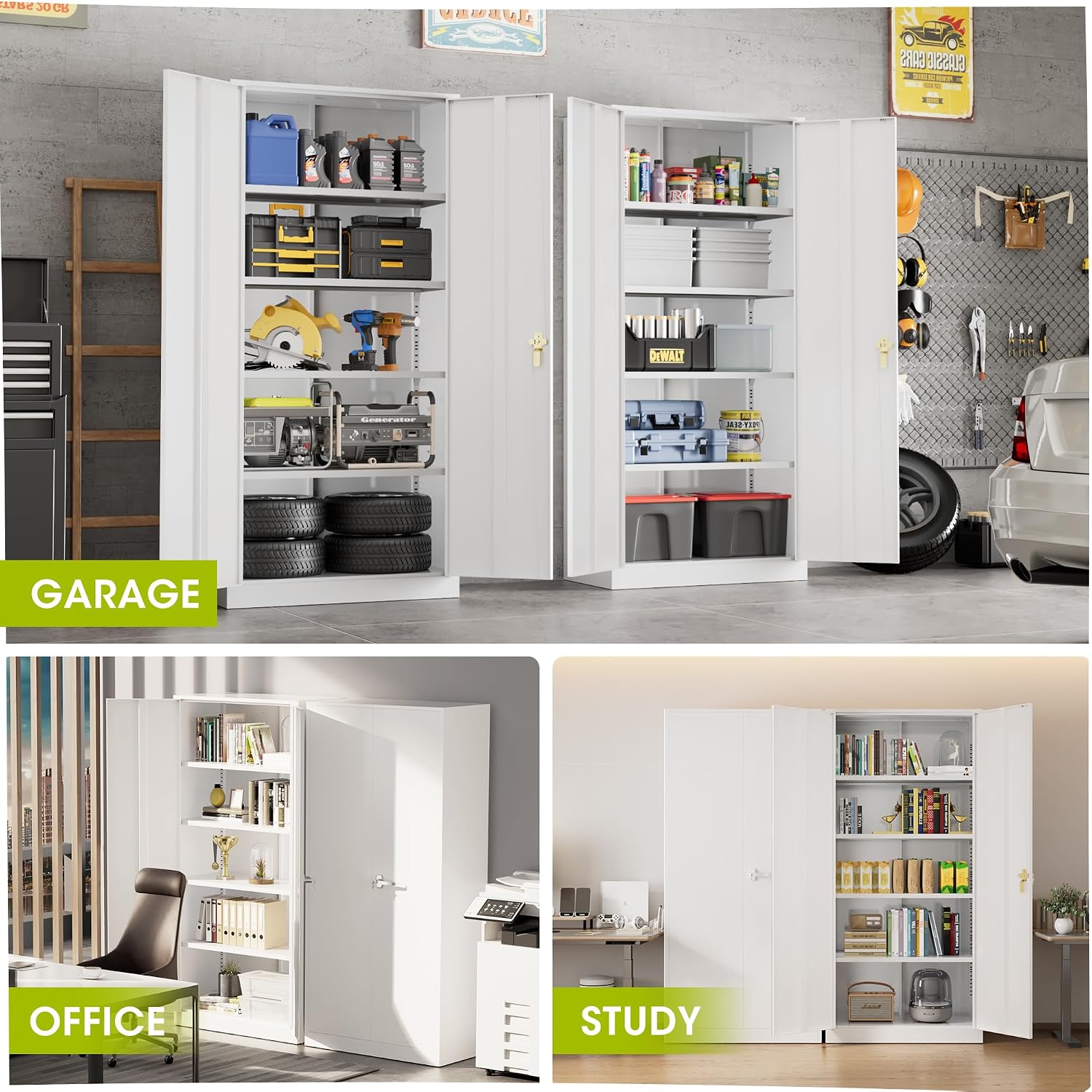 Greenvelly Metal Lockable Storage Cabinet, 72' Tall Storage Cabinet with 2 Doors and 4 Adjustable Shelves for Office, Home, Garage, Pantry (Assembly Required, 18'D, White)