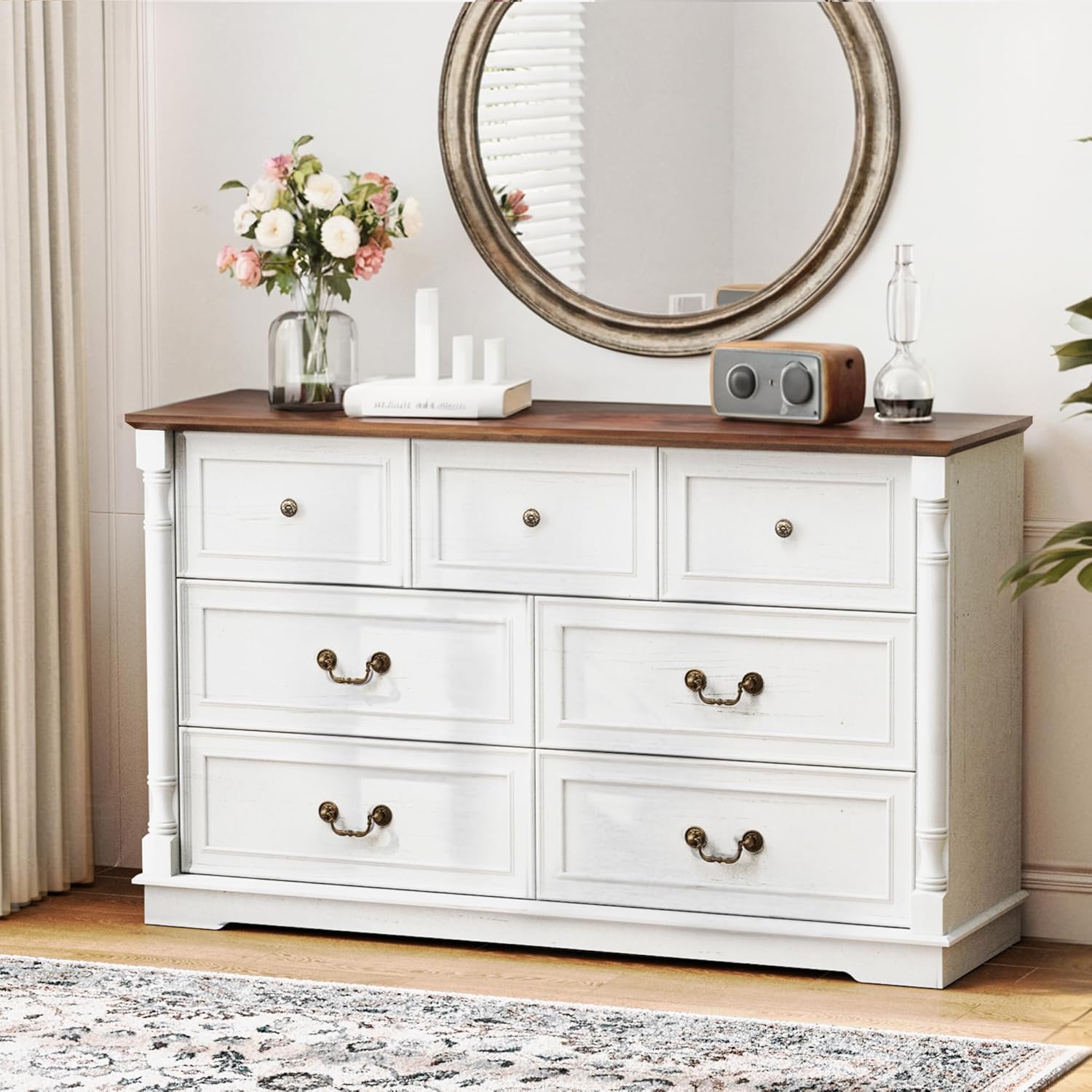Pamapic Farmhouse Dresser with 7 Drawers, 52' Wide Rustic Chest of Drawers with Natural Texture & Retro Handles, White Vintage Storage Dresser TV Stand for Bedroom, Living Room, Antique White