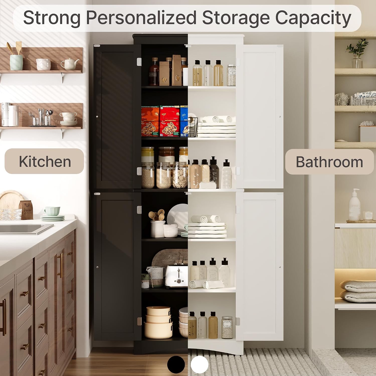 Gizoon Tall Bathroom Storage Cabinet with Adjustable Shelves, 67' H Freestanding Storage Unit with 4 Magnetic Doors, Kitchen Pantry Cabinet for Dining Room, Living Room, White