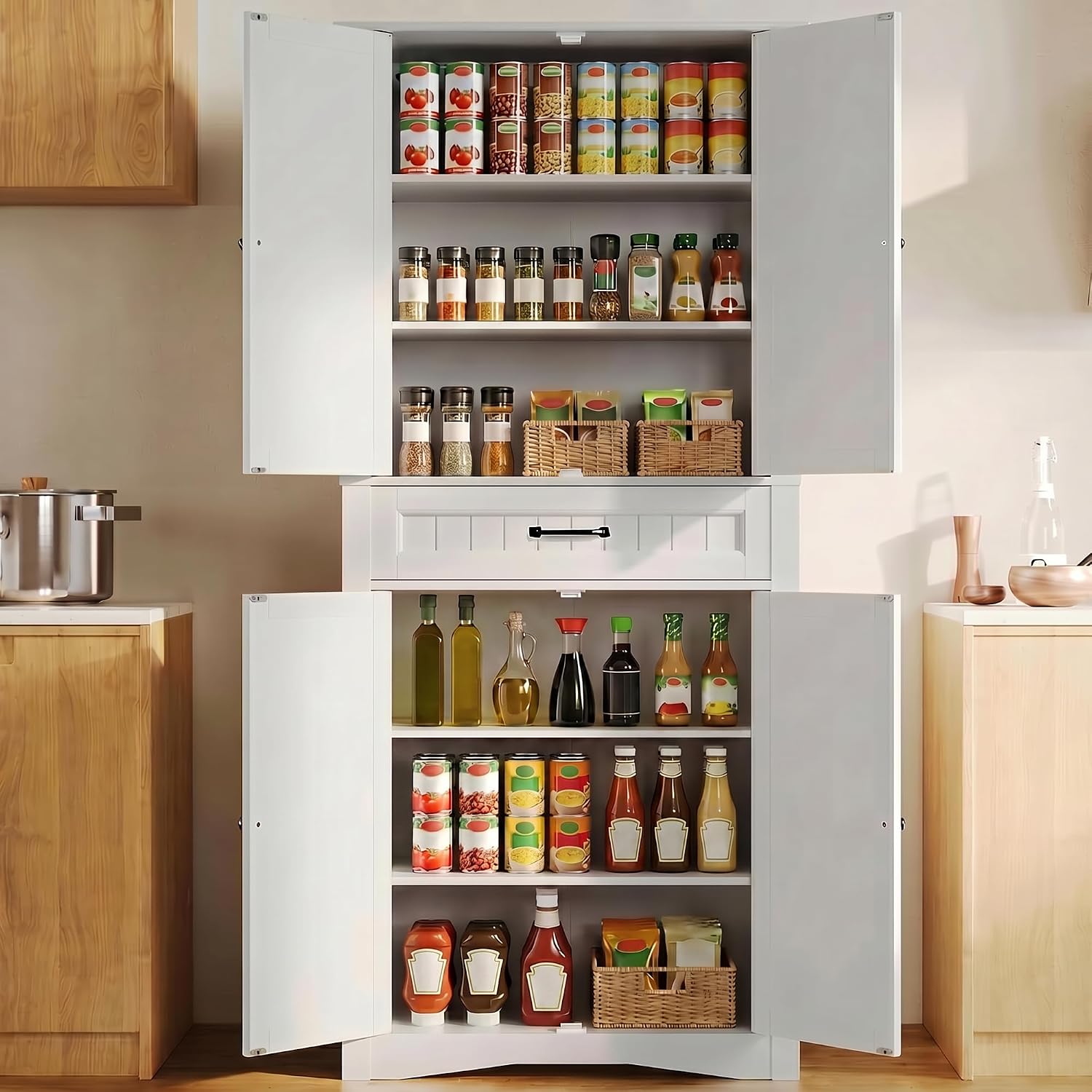 Gizoon 71'' Kitchen Pantry Storage Cabinet, Freestanding Pantry Organizers and Storage Cabinet with 4 Doors and 4 Adjustable Shelves, Tall Cabinet with Large Drawer for Kitchen, Living Room, Bathroom