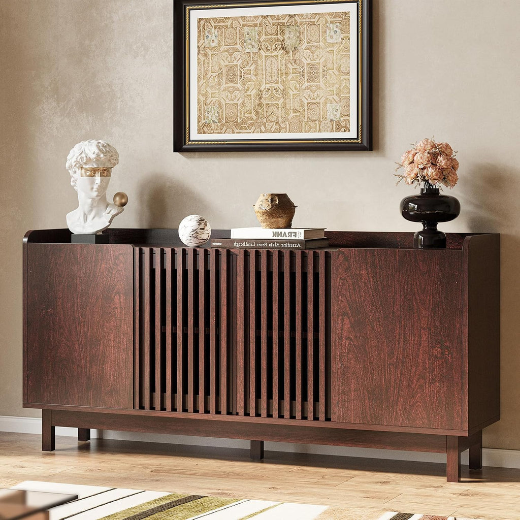 IRONCK 63' Storage Cabinet, Buffet Cabinet with Grille Doors and 2 Adjustable Shelves, Mid Century Sideboard for Kitchen, Dining Room, Entryway（Natural Red Walnut）