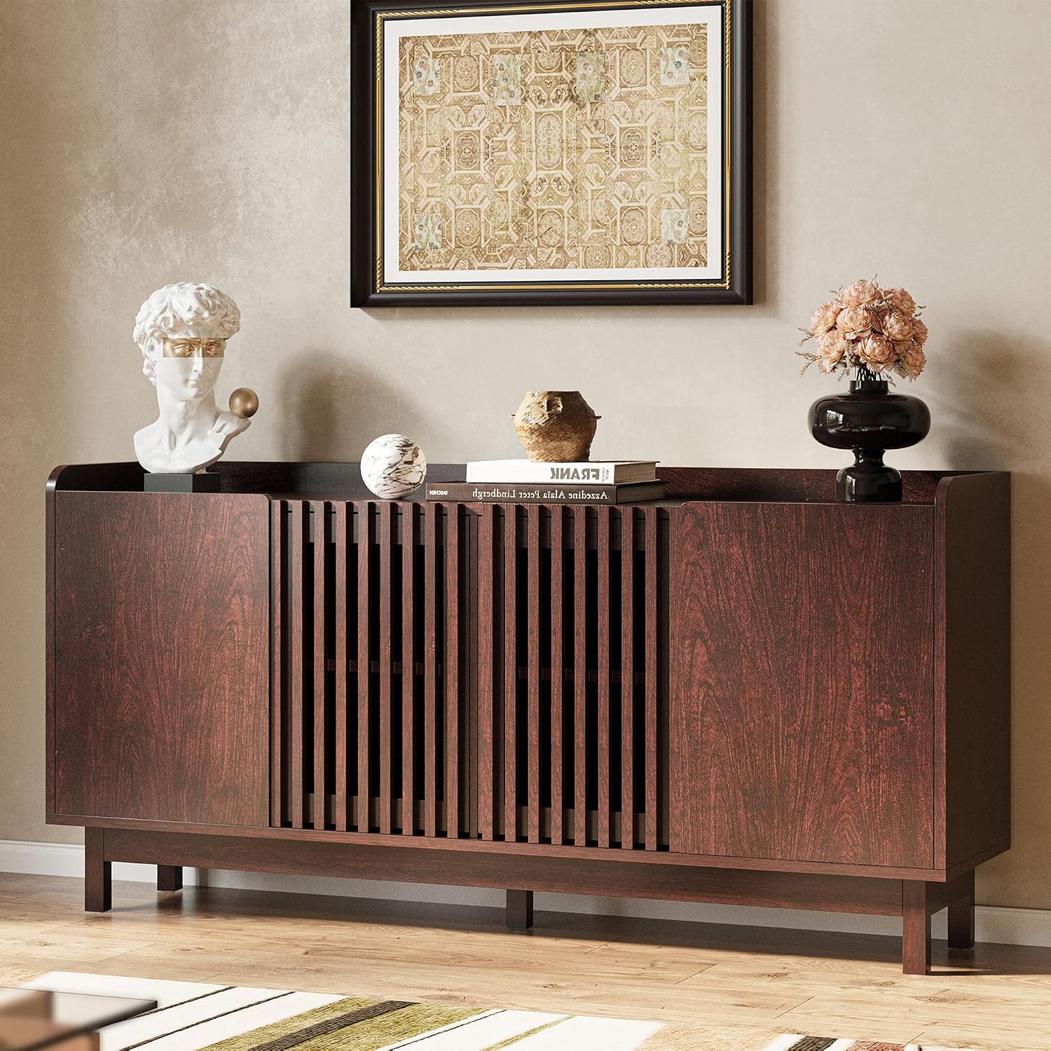 IRONCK 63' Storage Cabinet, Buffet Cabinet with Grille Doors and 2 Adjustable Shelves, Mid Century Sideboard for Kitchen, Dining Room, Entryway（Natural Red Walnut）