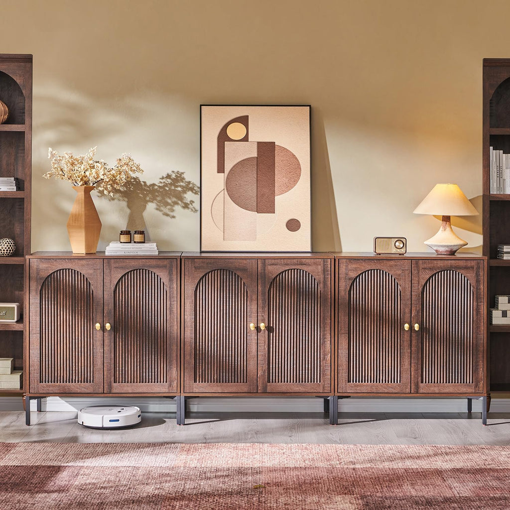 IFGET Modern Buffet Cabinet with Storage, 92.63' W Fluted Arched Sideboard Cabinet w/Adjustable Shelves, Wooden Modular Coffee Bar for Dining Room, Kitchen, Living Room, Entryway, Brown
