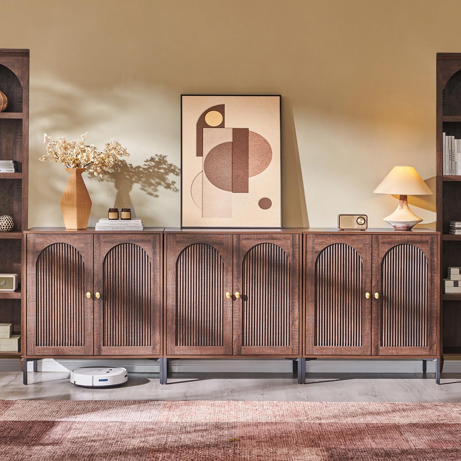 IFGET Modern Buffet Cabinet with Storage, 92.63' W Fluted Arched Sideboard Cabinet w/Adjustable Shelves, Wooden Modular Coffee Bar for Dining Room, Kitchen, Living Room, Entryway, Brown