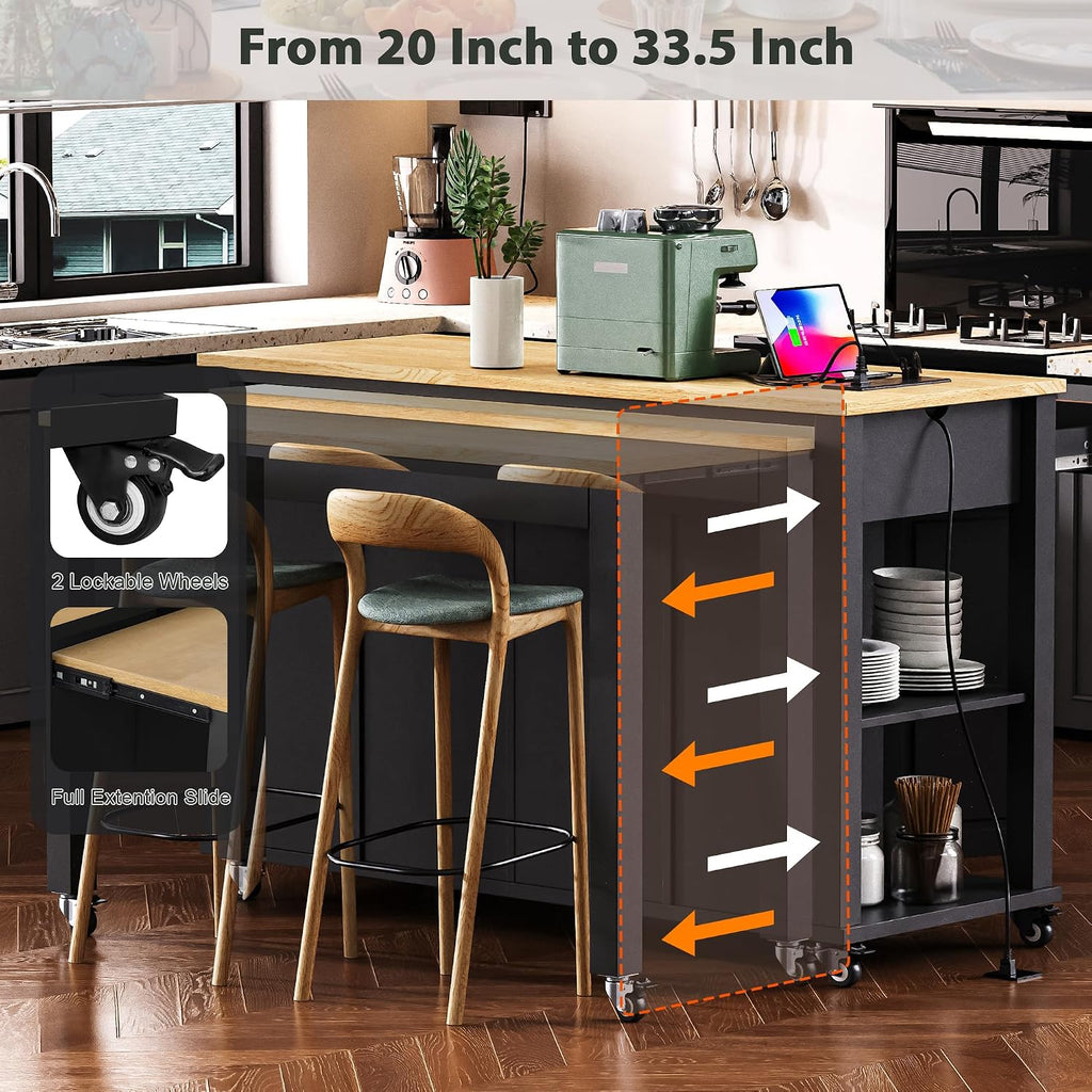 47' Kitchen Island with Extendable Dining Table, Rubber Wood Veneer Kitchen Table with Internal Storage Rack, Power Outlet, 2 Drawers, 2 Cabinet for Kitchen, Dining Room Black