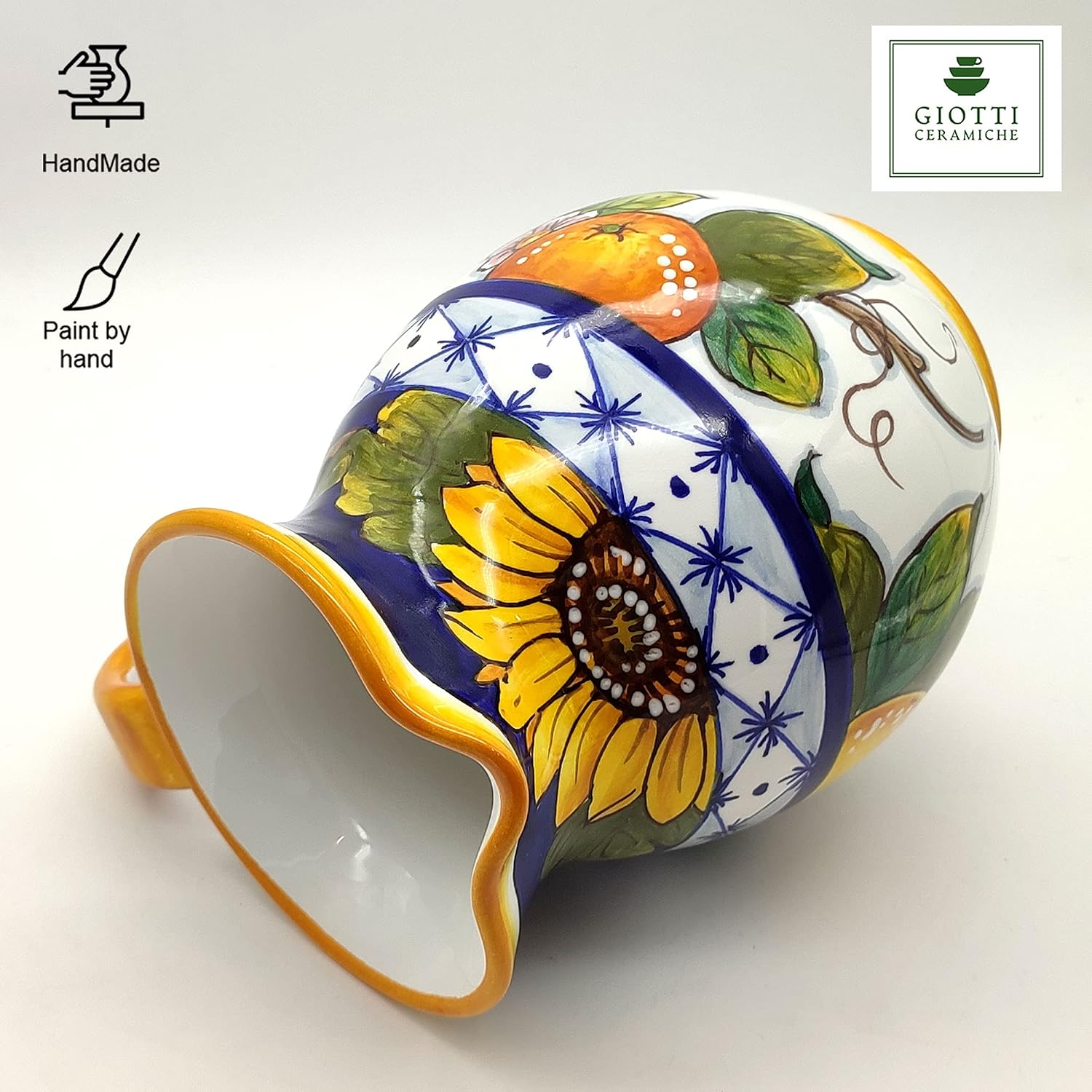 Giotti Ceramiche Italian Ceramic Pitcher Sunflower - 33 oz Hand Painted Utensil Holder or Carafe for Kitchen - Made in Italy Tuscany - Pottery Vase Jar for Wine - Home Decor Ceramics Dispenser
