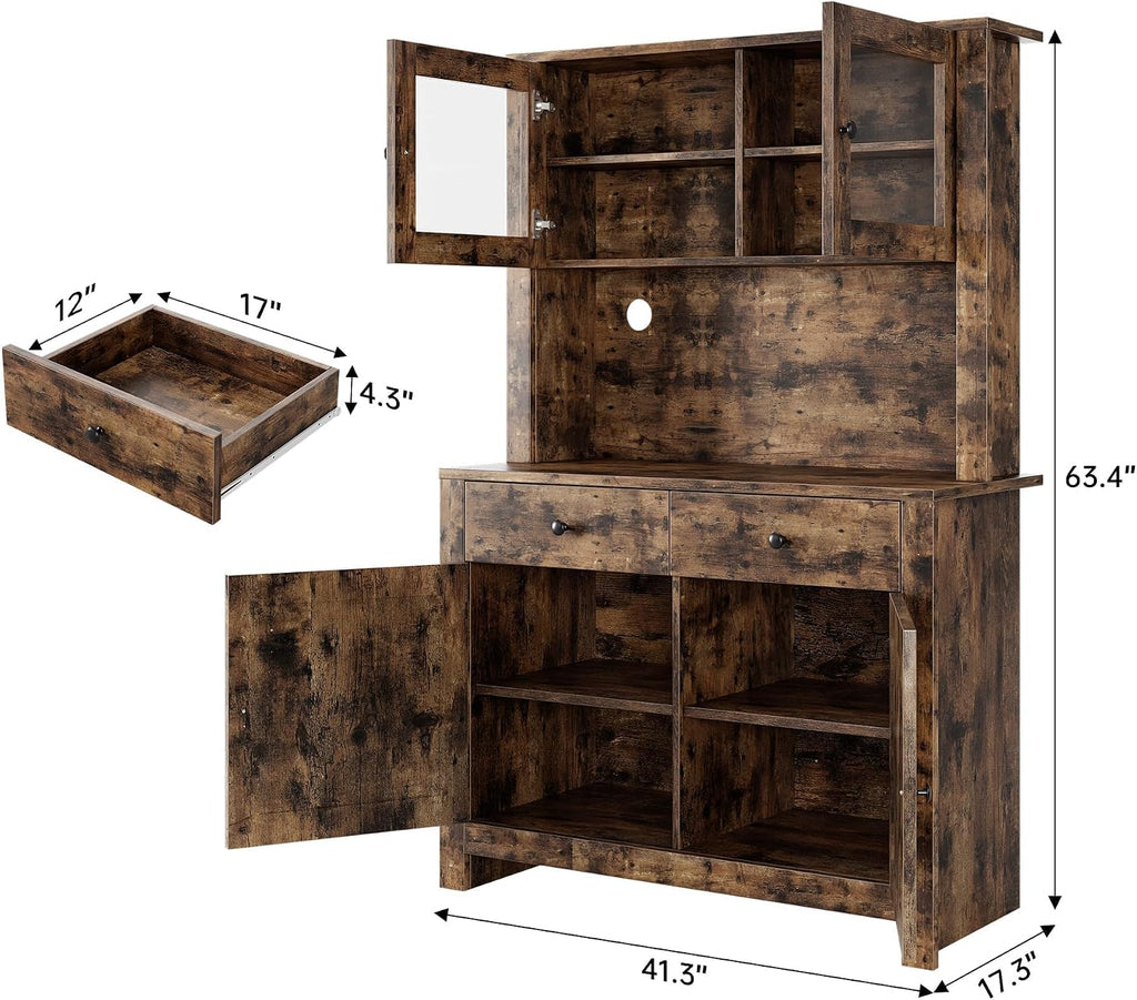 IDEALHOUSE 63' Kitchen Pantry Cabinet with Drawers, Hutch Cabinet with Storage, Microwave Stand, Adjustable Shelves, Freestanding Tall Pantry Storage for Dining Room, Living Room, Rustic Brown