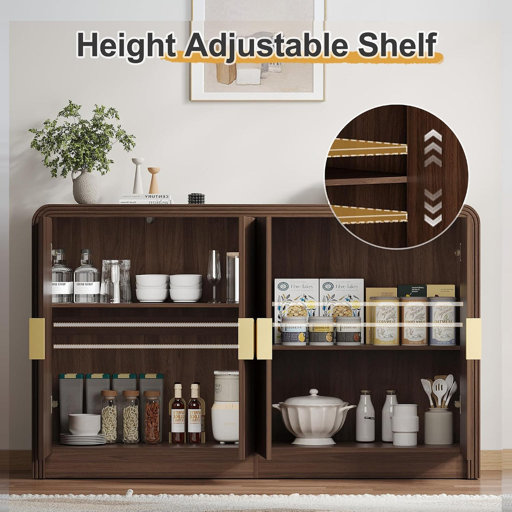 Decofy 55' Buffet Sideboard Cabinet, Mid Century Modern Console Cabinet with Wavy Grain Doors & Adjustable Shelves for Kitchen Cabinets, Living Room, Entryway, Coffee Bar Cabinet, Walnut