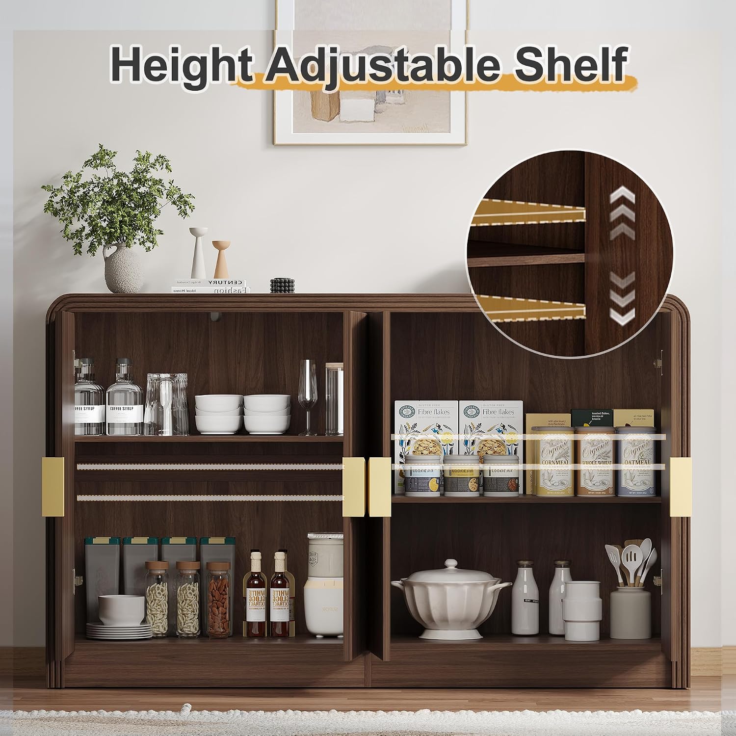 Decofy 55' Buffet Sideboard Cabinet, Mid Century Modern Console Cabinet with Wavy Grain Doors & Adjustable Shelves for Kitchen Cabinets, Living Room, Entryway, Coffee Bar Cabinet, Walnut