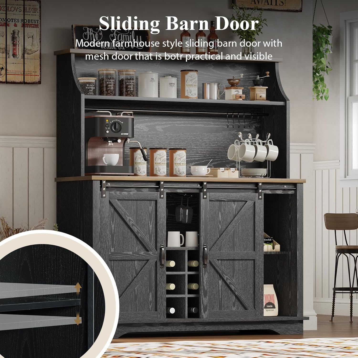 REVOMINCA 47 Inch Farmhouse Coffee Bar Cabinet with 3-Tier Storage, Coffee Bar Hutch with 9 Wine Racks, 3 Glass Holders, 6 Hooks, Kitchen Hutch for Dining Living Room, Black