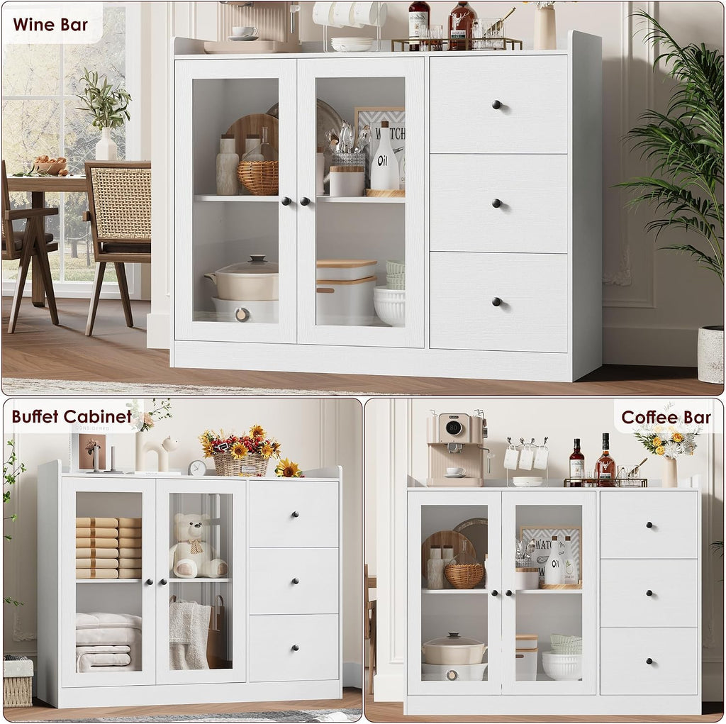 GarveeHome 35 in Kitchen Hutch Storage Cabinet, Coffee Bar Cabinet with 3 Drawers, Freestanding Food Pantry with Countertop for Living Dining Room (White, Low Cabinet)