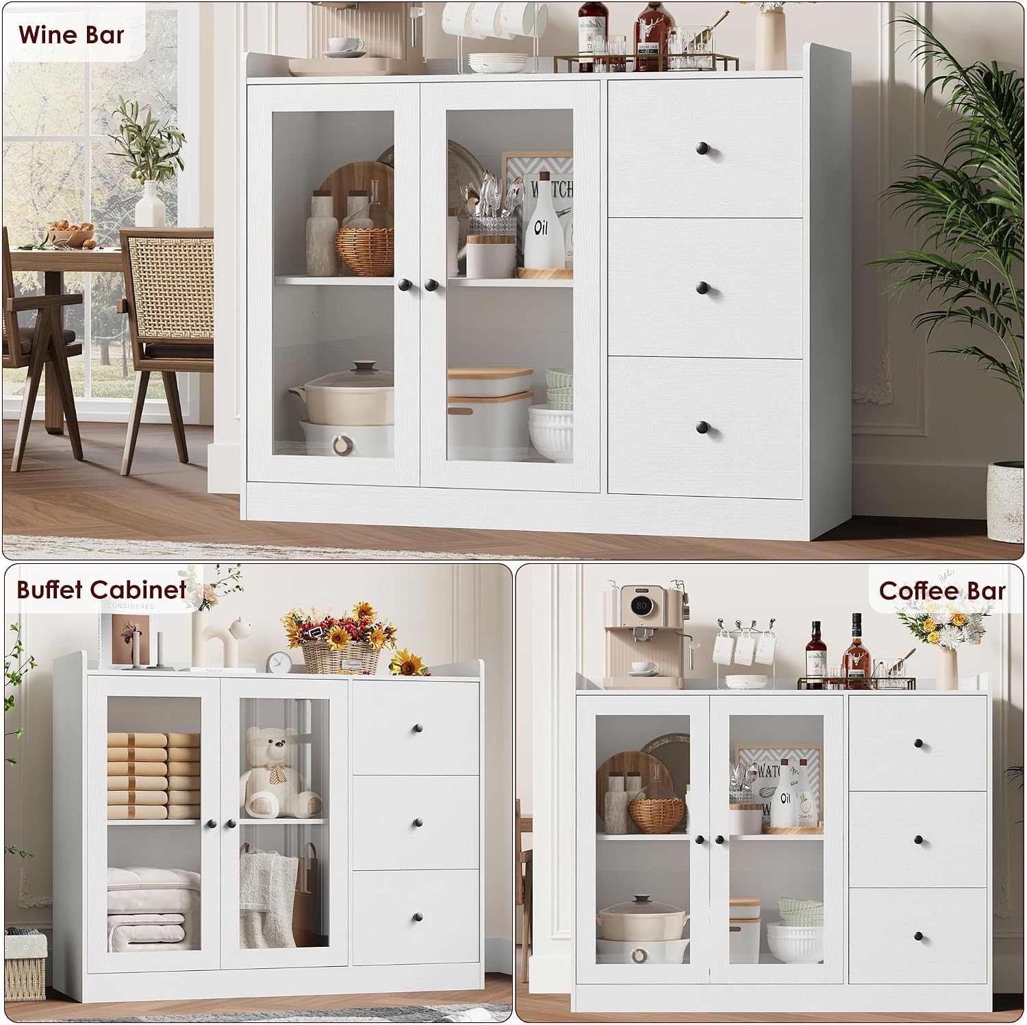 GarveeHome 35 in Kitchen Hutch Storage Cabinet, Coffee Bar Cabinet with 3 Drawers, Freestanding Food Pantry with Countertop for Living Dining Room (White, Low Cabinet)