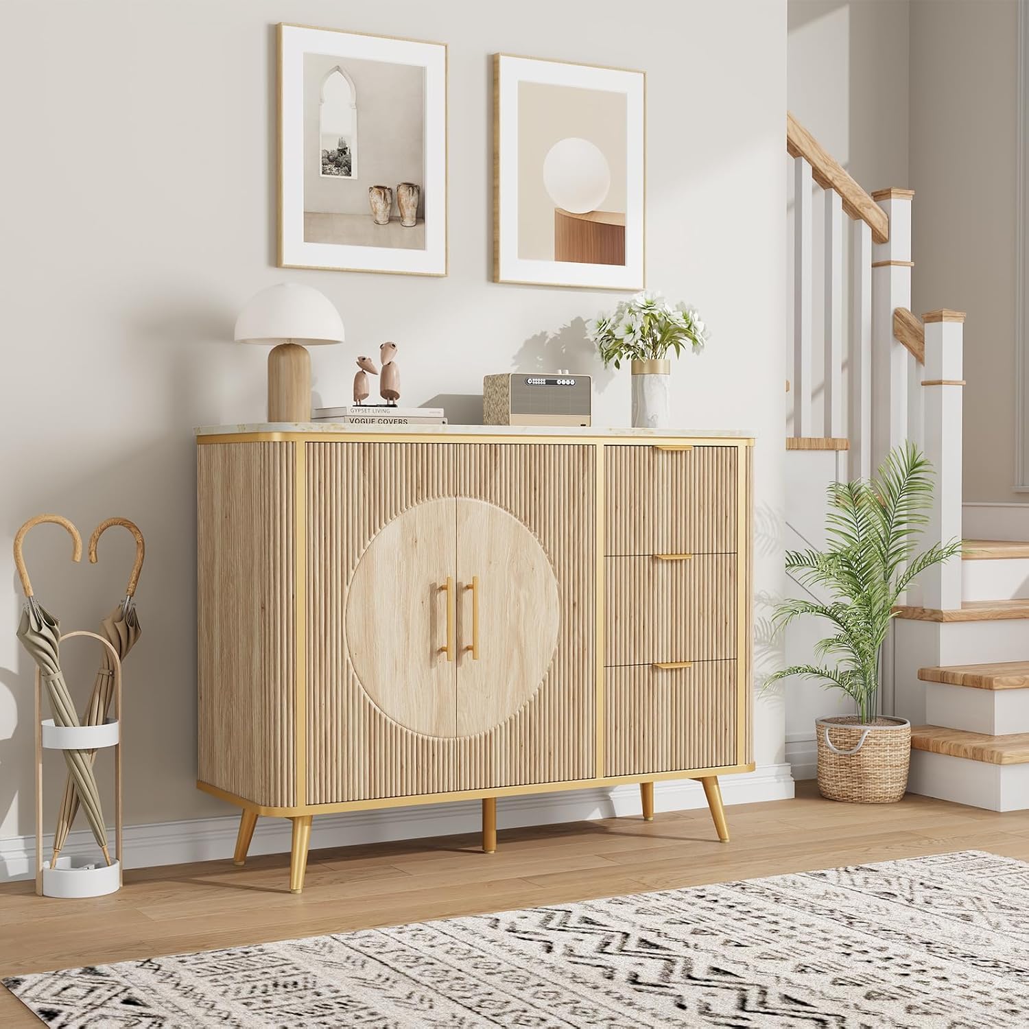 47.3' Modern Buffet Cabinet with Storage, Kitchen Sideboard Buffet with 2 Door & 3 Drawers, Fluted Caffee Bar Storage Cabinet for Dining Room, Living Room, Entryway, Natural Oak