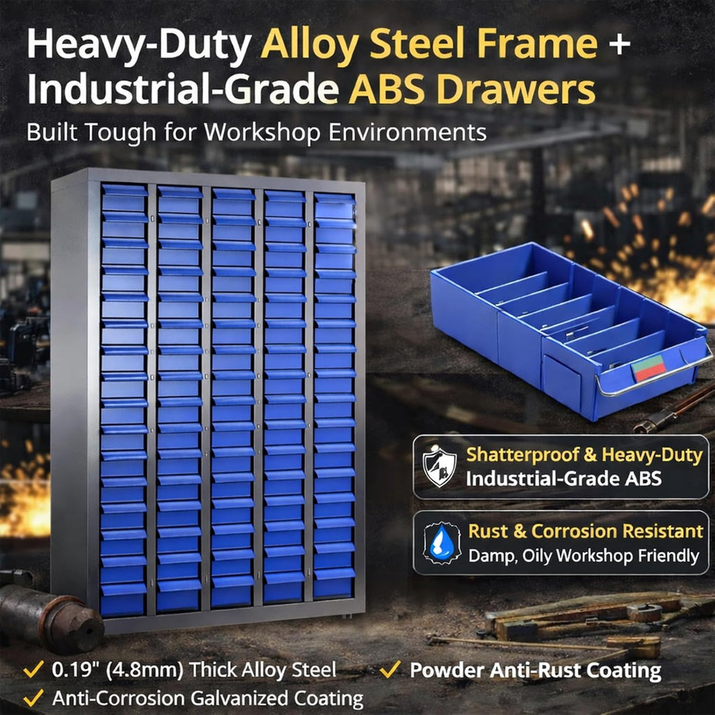 100 Drawer Small Parts Organizer Cabinet with ABS Drawers, Nuts and Bolts and Screw Organizer with Dividers, Hardware Storage with Label Slots, Metal Parts Cabinet for Garage Workshop