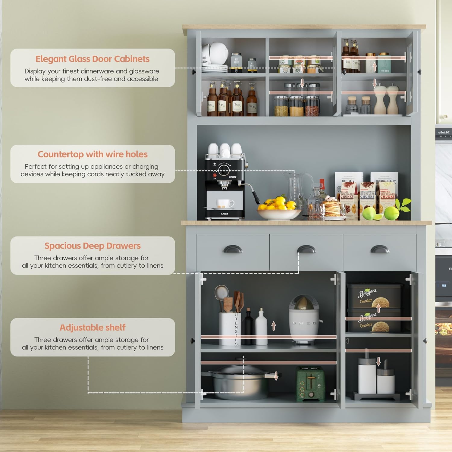 MU 71' Kitchen Pantry Cabinet with Charging Station, Tall Pantry Hutch with Drawers, Countertop & Microwave Shelf, Food Storage Cabinet for Dining Room & Coffee Bar, Grey