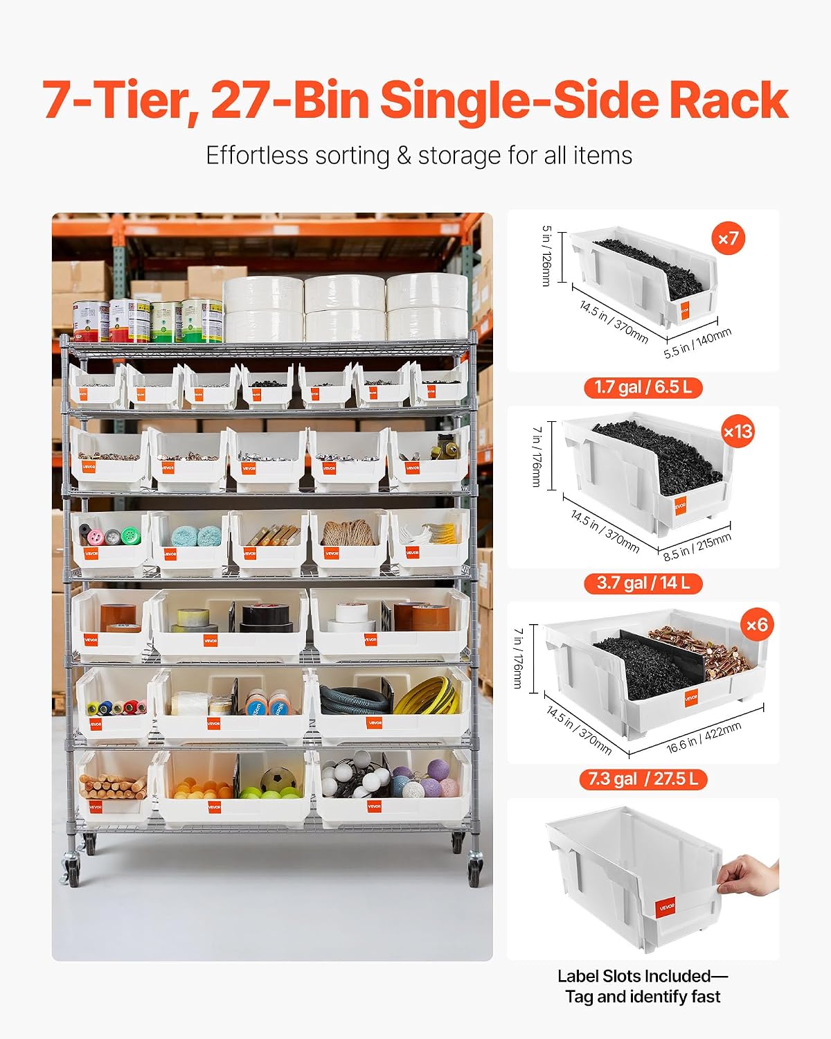 VEVOR 7-Tier Rolling Bin Storage Rack, 26 Organizer Bins, Bin Rack Storage Steel Wire Shelving System with Wheels, Mobile Tool Organizer for Garage, Warehouse, Office, Restaurant, Kitchen, Classroom