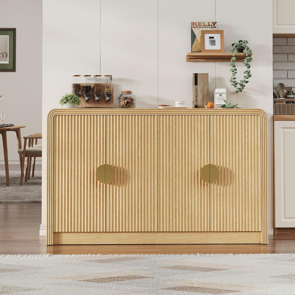Decofy 55' Buffet Sideboard Cabinet, Mid Century Modern Console Cabinet with Wavy Grain Doors & Adjustable Shelves for Kitchen Cabinets, Living Room, Entryway, Coffee Bar Cabinet, Natural Oak