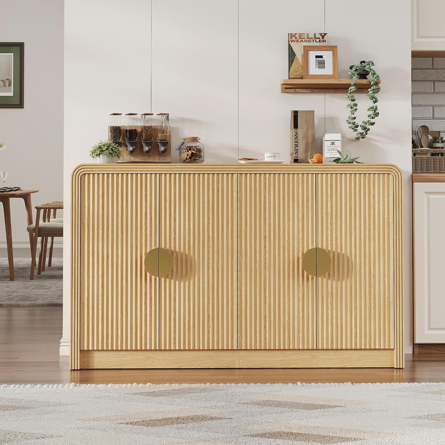 Decofy 55' Buffet Sideboard Cabinet, Mid Century Modern Console Cabinet with Wavy Grain Doors & Adjustable Shelves for Kitchen Cabinets, Living Room, Entryway, Coffee Bar Cabinet, Natural Oak