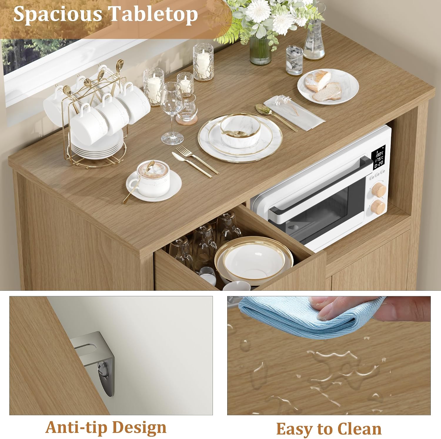 Senfot Kitchen Microwave Cabinet with Storage and Drawers, Modern Small Buffet Cabinet with Glass Doors and Adjustable Shelf, Wooden Sideboard with Wide Top for Dining Room, Living Room, Natural