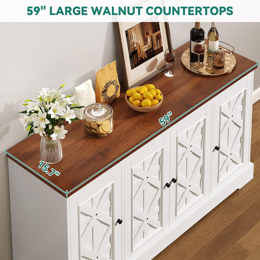 YITAHOME Sideboard Buffet Cabinet with Storage, 59' Buffet Storage with 4 Doors, Modern Farmhouse Coffee Bar Station Wood Kitchen Table with Adjustable Shelves for Kitchen, Living Room (White)