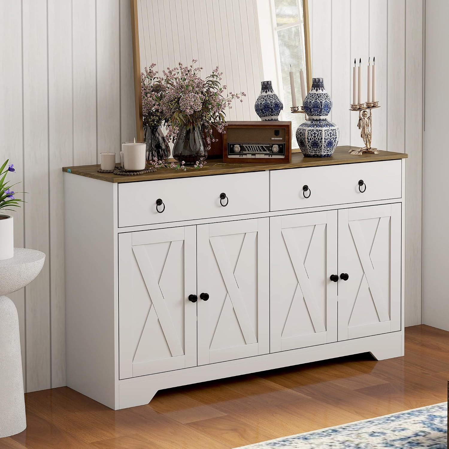 HOMCOM 48' Sideboard Buffet with Storage, Kitchen Storage Cabinet with 2 Drawers and 4 Barn Doors, Farmhouse Coffee Bar Cabinet with Adjustable Shelves, White