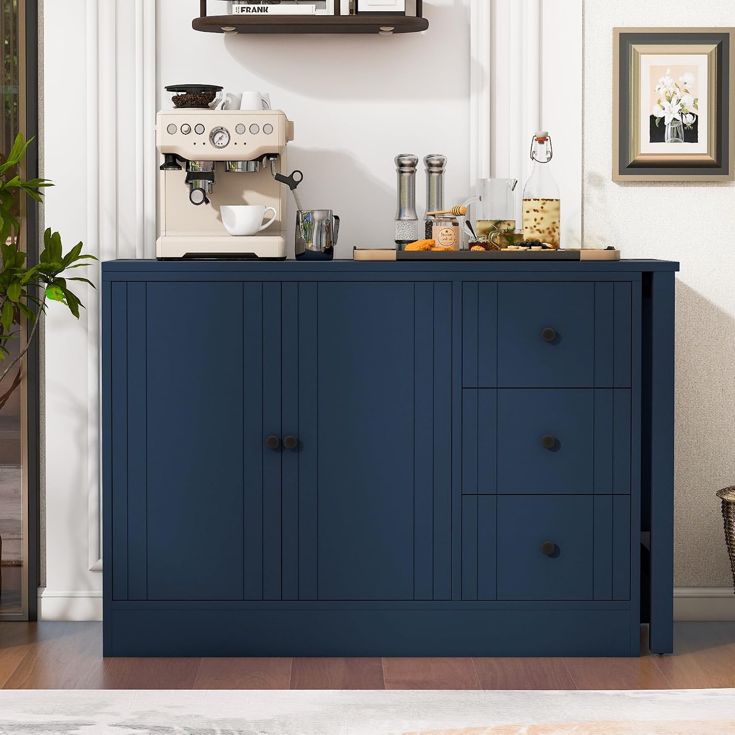 90' Extendable Freestanding Storage Cabinet, Kitchen Storage Bakers Rack with Adjustable Shelf, Utility Food Cupboard with Silent Drawers for Kitchen and Living Room, Navy Blue