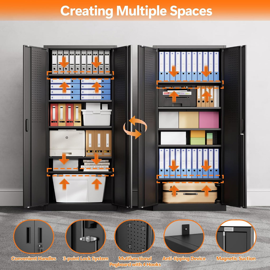 Aobabo 71' H×32' W×16' D Metal Storage Cabinet with 5 Adjustable Shelves, Locking Garage Storage Cabinet with Pegboards and 4 Hooks for Garage, Office, Black, Assembly Required