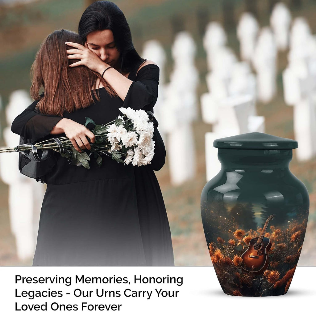 Guitar Small Urns for Human Ashes Adult Female - Green Urn for Ashes Male 3 Inch with 10 Inch Set - Funeral Cremation Urns for Daughter and Son - Adult Urn Mother and Father, 1 Large & 1 Mini