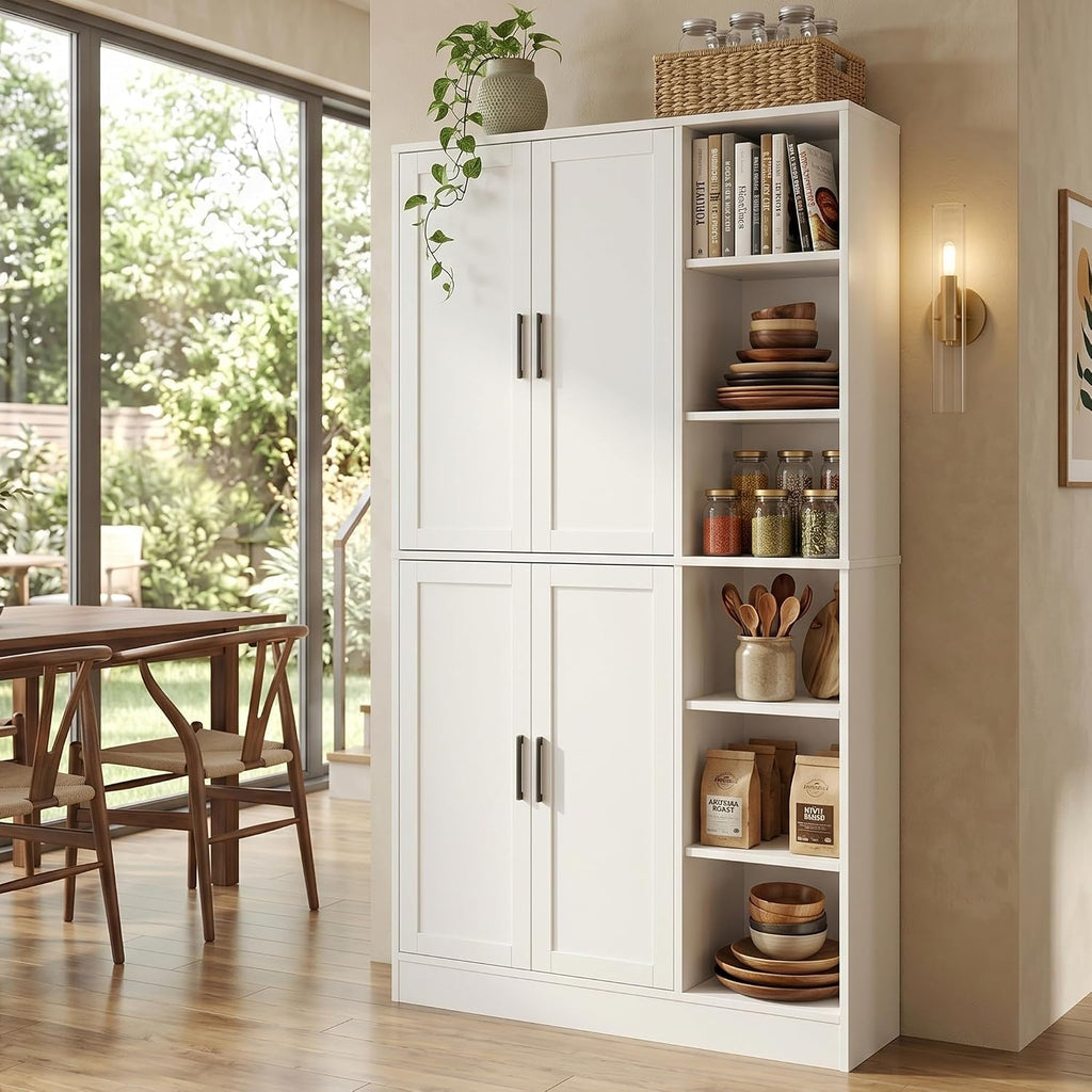 holzart 63' Tall Kitchen Pantry Cabinet, Freestanding Dining Room Storage Hutch with 4 Doors and Adjustable Shelves, Modern Utility Cupboard for Coffee Bar and Microwave, White